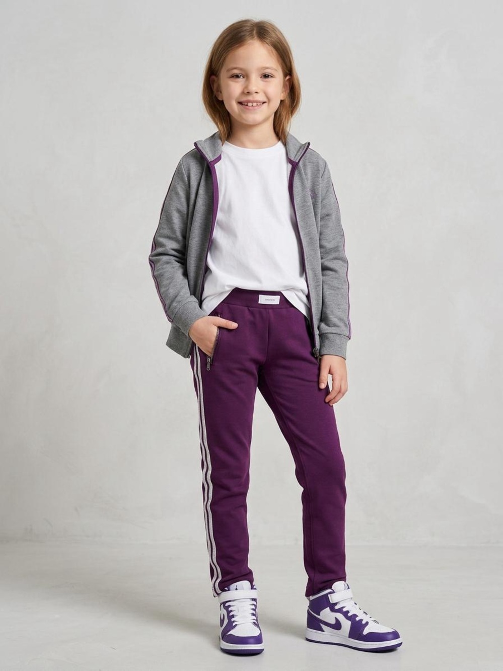 Kids' Purple Side-Stripe Joggers with Zip Pocket